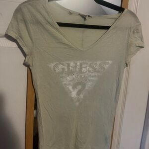 Size Small Guess Women's Light Grey-Green V-Neck Top, Y2K Tee, 2 for $20